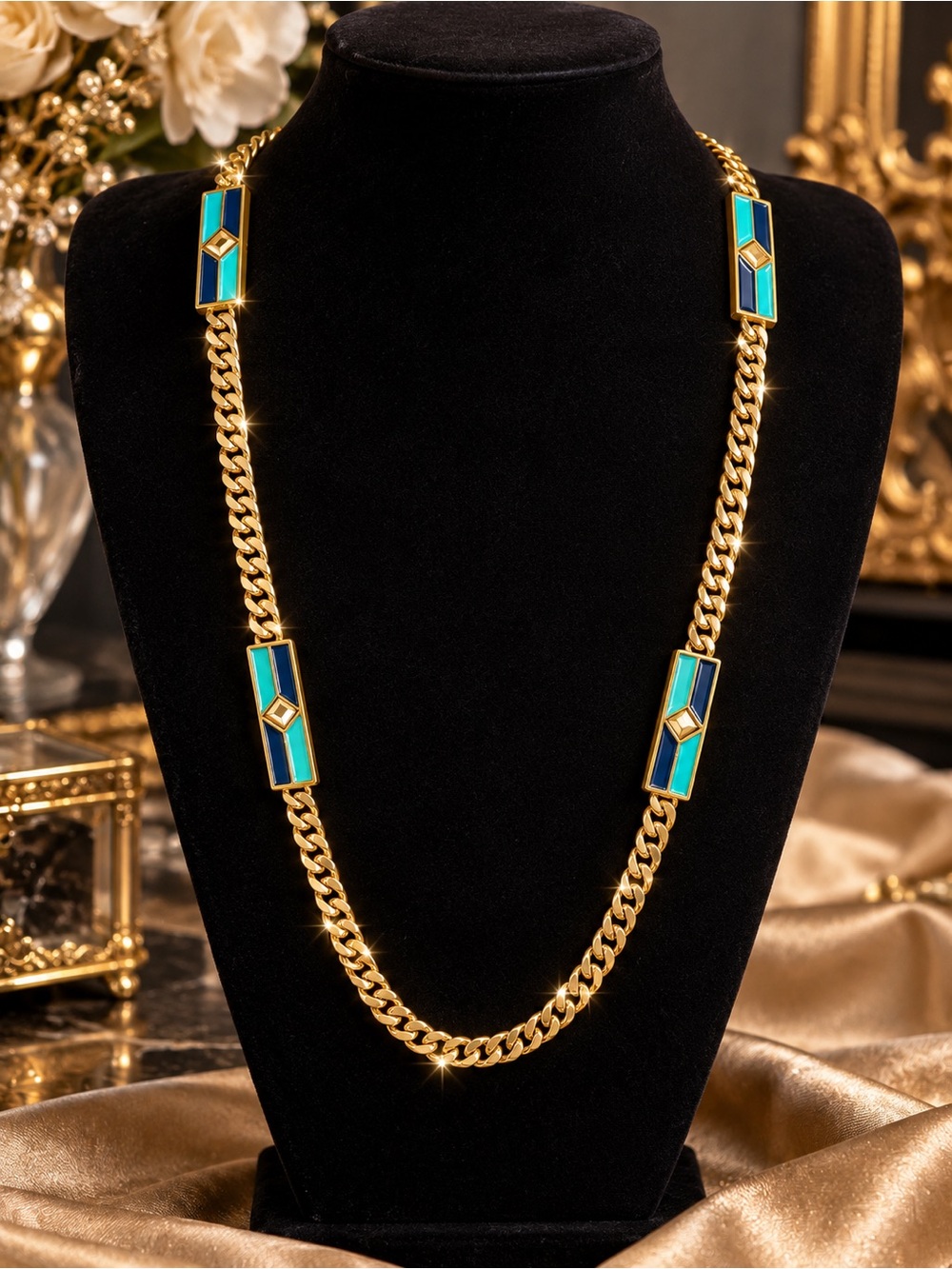 Givenchy Gold-Tone Chain Necklace with Blue and Teal Enamel Panels